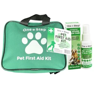 Image of One Step Antiseptic Spray + Pet First Aid Kit, Includes Over 80+ Premium Items, Tick Remover, Syringe, Vet Wrap, Bandages, Wipes, Travel Sized For Dogs, Cats and all Other Pets
