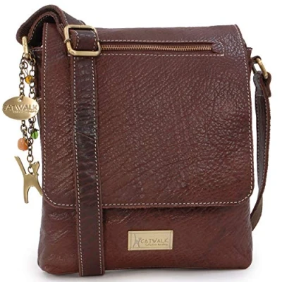 Image of Catwalk Collection Handbags Women&#039;s Leather Anti Theft Crossbody Bag Medium Messenger Adjustable Shoulder Strap ANJA Brown