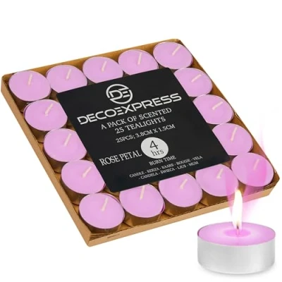 Image of DECO EXPRESS Tealight Candles Multipack of 200, 100, 50, 25 or 24, Burning Time 4, 8 10 Hours Tea Lights (Rose Petals 25/4 Hour)