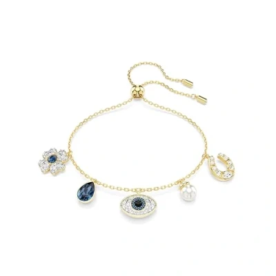 Image of Swarovski Symbolica bracelet, Clover, evil eye and horseshoe, Blue, Gold tone plated