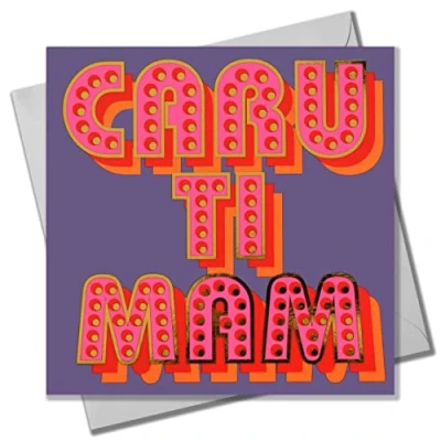 Image of Claire Giles Welsh Mother&#039;s Day Card, Caru Ti Mam, text foiled in shiny gold,Navy,15x15cm
