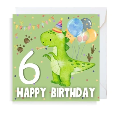 Image of Second Ave Dinosaur 6th Birthday Age 6 Square Children&#039;s Kids Greeting Card for Boy or Girl