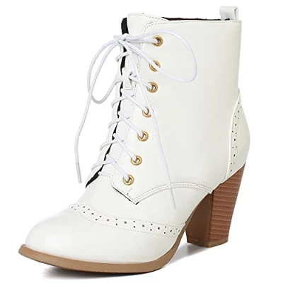 Image of Onewus Women Lace up Boots with Pointed Toe and Block Heel White