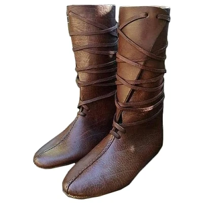 Image of Medieval PU Leather Knight Boots Renaissance Viking Knee Shoes Cosplay Flat Bottom Lace Up Role Playing for Carnival Party,Brown,48