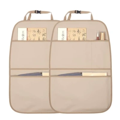 Image of pefirst Kick Mat Back Seat Protector Waterproof Leather Car Organizers Cover with 3 Storage Pockets for Kids Pets SUV Sedan Minivan Truck Travel Accessories (Beige 2 Pack)