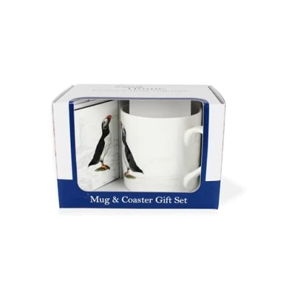 Image of Seaside Mug &amp; Coaster Gift Set Puffins Coastal Sea Birds Bone China and Cork Tea/Coffee Present