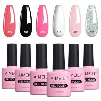 Image of AIMEILI Gel Nail Polishes Nude Pink Black White Glitter Polish Set Soak Off UV LED Salon Varnish Manicure Long Lasting &amp; Easy to Apply 6pcs X 10ml Kit1