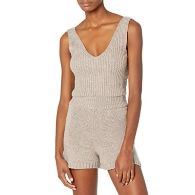 Image of The Drop Women&#039;s Sylvie Double V Neck Textured Rib Cropped Sweater Tank, Heather Mushroom, M