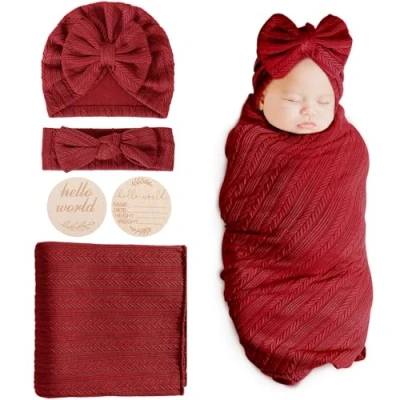 Image of DRESHOW Newborn Baby Blanket Soft Swaddle Blankets for Infant Swaddling Receiving Warm Wraps with Bow Hat Headband