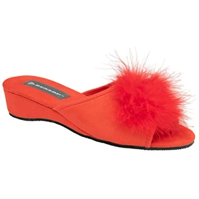 Image of DUNLOP Ladies Famous Boa Jewelled Wedge Heel Mule Slippers UK Size 3,4,5,6,7,8, (6, Red, numeric_6)