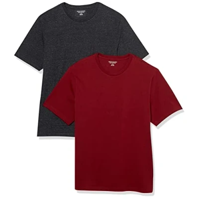 Image of Amazon Essentials Men&#039;s T Shirt Regular Fit Short Sleeve Crewneck, Pack of 2, Burgundy/Charcoal Heather, XXL