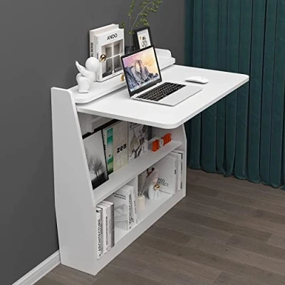 Image of Pmnianhua Wall Mounted Drop leaf Table, Wooden Laptop Desk, Foldable Hanging Table Shelf, Multifunctional Computer Workstation with Storage Compartments in Home Office for Space Saving (White)