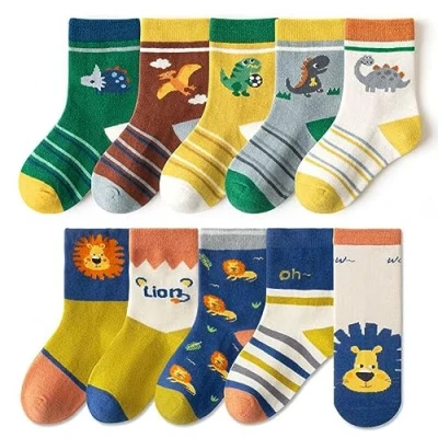 Image of FedMois 10 Pairs Cotton Crew Socks Winter for Kids 1 9 Years, lion and dinosaur, 7 Years