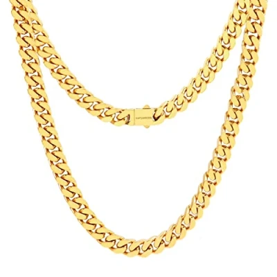Image of OUMI Miami Cuban Chain Necklace for Men/Women,316L Stainless Steel 5/9MM Width 18&#039;&#039; 20&#039;&#039; 22&#039;&#039; 24&#039;&#039; Length Double Safety Clasp Hip Hop Jewely,Come Gift Box, Silver, Gold plated