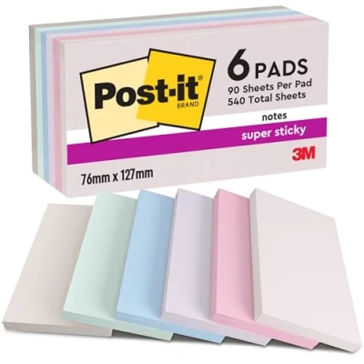 Image of Post it Super Sticky Notes Soulful Color Collection, Pack of 6 Pads, 90 Sheets per Pad, 76 mm x 127 mm, Pink, Purple, Green, Grey, Blue Extra For Note Taking, To Do Lists &amp; Reminders