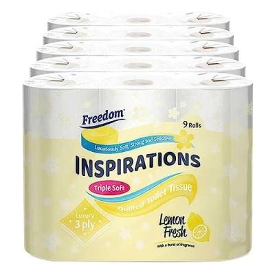 Image of Freedom Inspirations Luxury 3Ply Toilet Roll 45 Quilted Lemon Fresh Triple Soft and Scented Hygiene Bulk White Tissue Loo Rolls