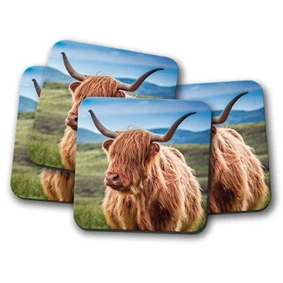 Image of 4 Set Hairy Highland Cow Coaster Cattle Scotland Bull Fun Animal #15762