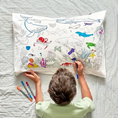 Image of eatsleepdoodle Colouring Pillowcase For Kids w/ 10pk Washable Markers 75x50cm Under the Sea Ultra &amp; Reusable Arts and Crafts