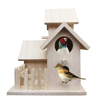 Image of Wooden Wild Bird Nest Box House, 3 House Construction + Fence Hanging Nesting Box, Birdhouse For Small Birds Sparrows Blue Tit Great Tits Robin Breeding