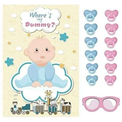 Image of Happium Baby Shower Games Pin the Dummy on with 24 Stickers, Blindfold Unisex for Players Pacifier Larger Size