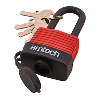 Image of Amtech T0760 40mm Long Shackle Weatherproof Padlock, Outdoor 4 Keys, Wide Range of Security Applications Black &amp; Red