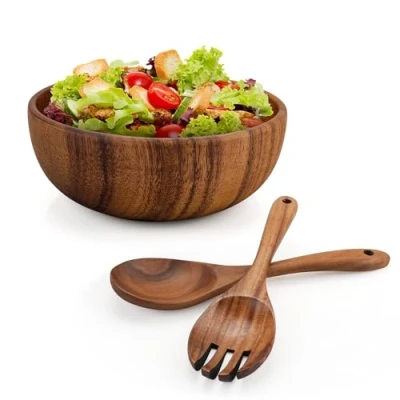 Image of YKUKIZEE 1 Set 20 cm Acacia Wooden Salad Bowl and Servers Set, 7.87 inch Wood Servers, 700 ml Spoon for Fruits(Bowl, Fork, Spoon)