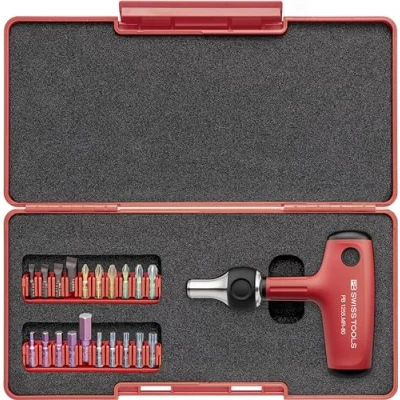 Image of PB Swiss Tools Cross Handle Ratchet Screwdriver with 20 Bits 1255.MR 80 100% Made T Magnetic Bit Holder for Screwdriving in Industry and Crafts