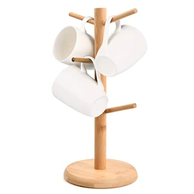 Image of Chstarina Wooden Mug Tree Stand Set of 6 Cups Holder Rack Wood Cup Storage Organizer Display Kitchen with Anti Slip Weighted Base for Coffee Tea Mugs Cups… ​ (Round)