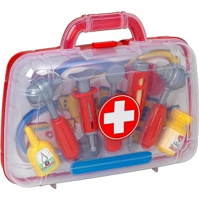 Image of PETERKIN Classic doctor&#039;s Medical carry case Toy 11 piece, brightly coloured, plastic set in a sturdy 30cm Roleplay Toys Ages 3+, Red