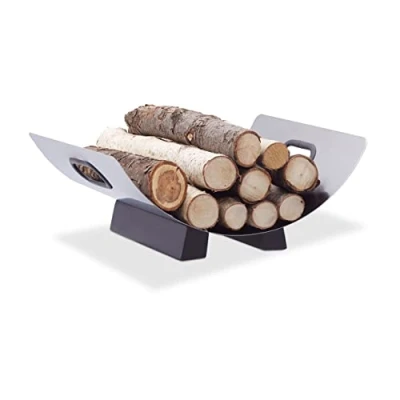 Image of Relaxdays Stainless Steel Log Cradle, Modern Firewood Basket, Metal Carrier Holder, H x W D: 16 41 33 cm, Silver
