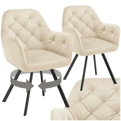 Image of TecTake® Set of 2 Velvet Dining Chairs with 180 Swivel Function, Sturdy Steel Legs, Thickly Padded Armchairs Quilted Pattern &amp; Quick Setup Ideal as Dining, Kitchen Desk Cream