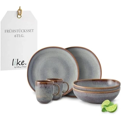 Image of like. by Villeroy &amp; Boch Lave earthenware tableware set, 6 pces., pottery look, breakfast service for 2 people, beige