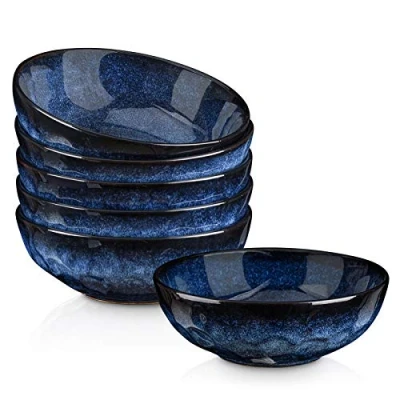 Image of vicrays Rice Dessert Cereal Bowls 6 Piece Stoneware Vintage Look Ceramic Starry Blue Large Serving Bowl, Soup/Mixing/Fruit/Noodle/Ramen China Capacity of 940 ml. (18x18x6.3 cm)