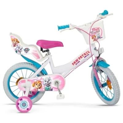 Image of Toimsa Paw Patrol Skye and Everest, 14 inch Bicycle/Kids Bike, with Basket, Doll Seat Training Wheel Stabilisers, for children/youth age 4 6 Years, Light Blue, White Pink