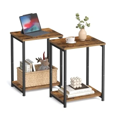 Image of VASAGLE Set of 2 Side Tables, Tier Sofa Bedside Tables with Steel Frames, for Living Room, Bedroom, Home Office, Industrial Style, Rustic Brown and Black LET272B01