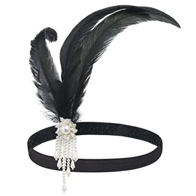 Image of ArtiDeco 1920s Flapper Feather Headpiece Vintage Headband Beaded Great Gatsby Costume Accessories, Free, White