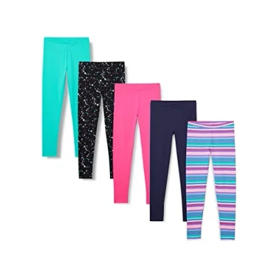 Image of Amazon Essentials Girls&#039; Leggings, Pack of 5, Aqua Green/Black Stars/Navy/Pink/Stripes, 5 Years