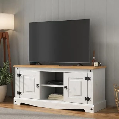 Image of Corona White TV Stand Flat Screen Entertainment Unit 2 Door Television Cabinet Mexican Solid Pine