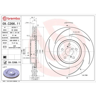 Image of 435160W020 Brake disc BREMBO 09.C266.11 380mm 34mm 5 internally vented, slotted Coated High carbon LEXUS: RC, GS IV