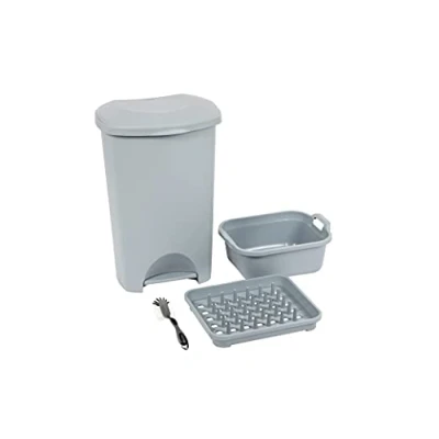 Image of Addis 4 piece Eco Made from 100% Plastic Family Kitchen Office Starter bulk set includes 50 litre pedal bin, Washing Up Bowl, draining plate rack &amp; dish brush, Recycled Light Grey, 519069AMP