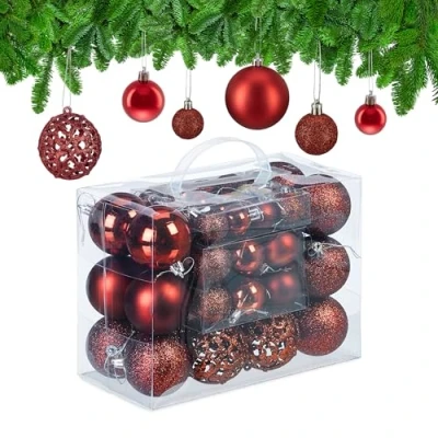 Image of Relaxdays Christmas Bauble Set of 50, Glittery, Matt &amp; Shiny Ornaments, Plastic Xmas Tree Balls, Ø: 3, 4 6 cm, Red, 100%