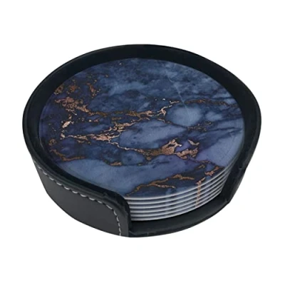 Image of Round Coasters, Navy Blue &amp; Faux Copper Marble Pattern,Mugs Pad Cups Mat Set of 6 Leather Drinks Coasters with Holder