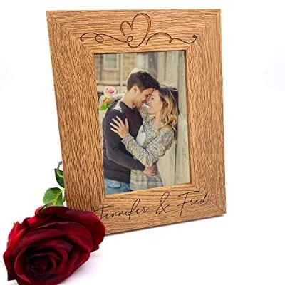Image of ukgiftstoreonline Love Heart Personalised Portrait Wooden Photo Frame Wedding, Anniversary, engagement Gift (4 x 6 Inch)