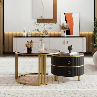 Image of ModernLuxe 2 in 1 MDF Coffee Tables for Living Room, Brown Round Table with Tempered Glass and Golden Metal Frame Legs, Black Side Drawers, Modern Nest of Saving Space