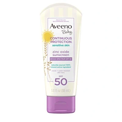 Image of AVEENO Baby Continuous Protection Sensitive Skin Lotion Zinc Oxide Sunscreen SPF 50 3 Oz Fl.
