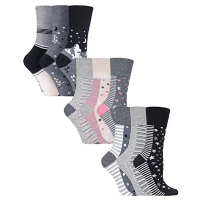 Image of Gentle Grip 9 Pair Multipack Ladies Cotton Crew Non Elastic Socks Womens Soft Top Striped Patterned Binding (4 8, Grey Mix)