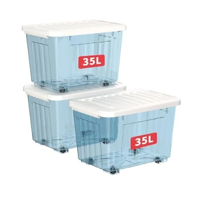 Image of Cetomo 35L*3 Storage Boxes with Wheels, Plastic Box Lid, Latching Buckles, Click Closure, Stackable, Nesting, Durable Organizer for Home Office Clothes, Clear Blue, 35L 3 Pack