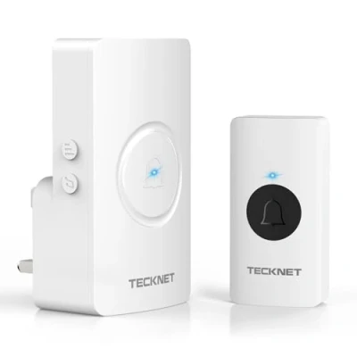 Image of TECKNET Wireless Doorbell, Door Bells Cordless Plug in IP65 Waterproof Doorbell Battery Operated Button with up to 1300ft Range,5 Level Volume, 60 Chimes &amp; LED Light, 4.5 Year Life (White)