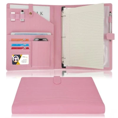 Image of Wonderpool A4 PU Leather Portfolio Holder Ring File Document Case with Removable Binder Clipboard, Multi Pocket and Legal Pad for Business Organizer Interview Meeting (Pink)