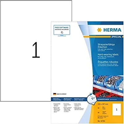 Image of HERMA Self Adhesive Film Labels, 1 Label per A4 Sheet, 80 Sheets, 210 x 297 mm, Blank Weatherproof Labels Stickers, Sticky for Laser &amp; Inkjet Printer, White